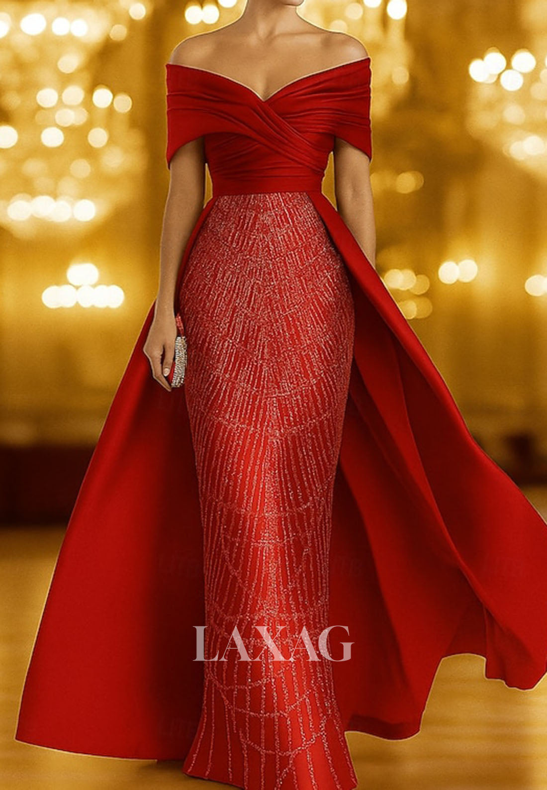 V-Neck Floor-Length Sequined Satin Formal Gowns Off-Shoulder Sleeveless Mermaid Evening Dress