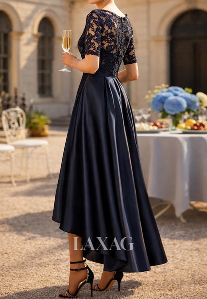 Bateau-Neck Short-Sleeves Beaded Applique Satin Pleated High-Low A-Line Mother of the Bride Dress