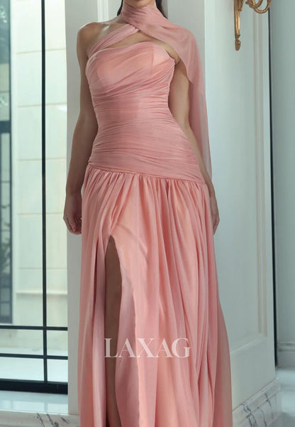 Tube Top Sleeveless A-Line Prom Dress Off-Shoulder Pleated Tulle Slit Party Gowns with Scarf