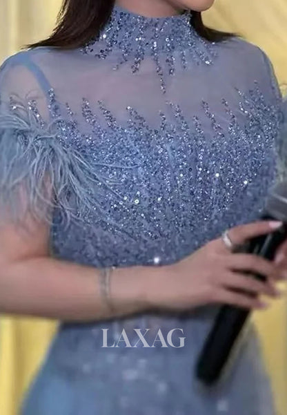 High-Neck Short-Sleeves Pleated A-Line Prom Dress Feathered Fully Sequined Beaded Evening Gowns