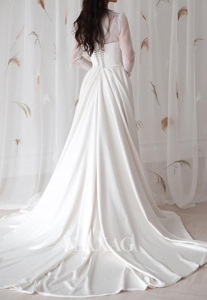 V-Neck Long-Sleeves Mermaid Wedding Dress Pleated Satin&Tulle Sweep Train Bride Gowns