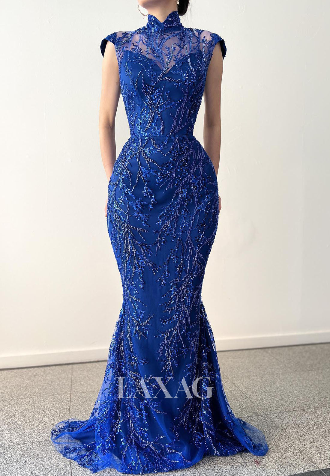 High-Neck Cap-Sleeves Beaded Sequined Applique Tulle Floor-Length Mermaid Evening Dress with Train