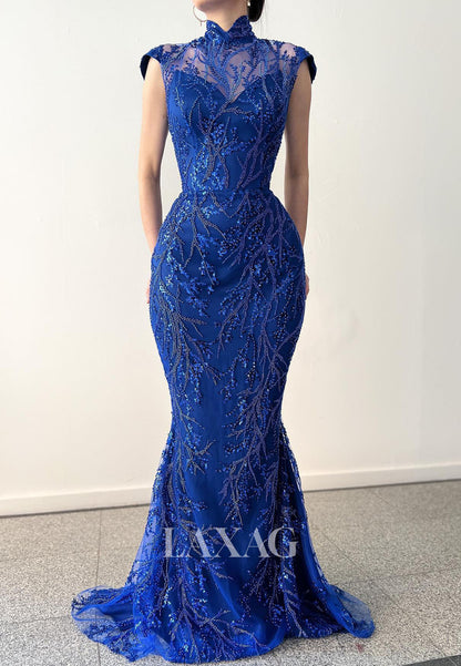 High-Neck Cap-Sleeves Beaded Sequined Applique Tulle Floor-Length Mermaid Evening Dress with Train