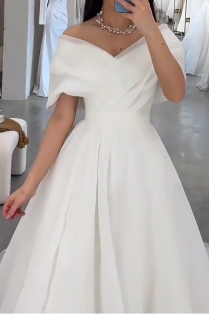 V-Neck Cap-Sleeves Chiffon Pleated Simple A-Line Wedding Dress with Train