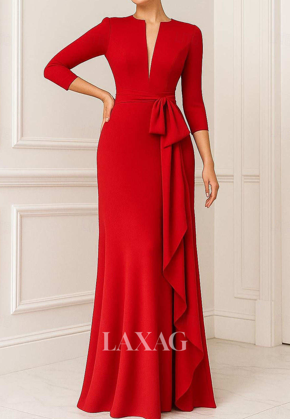 Deep V-Neck 3/4-Sleeves Mermaid Evening Dress Floor-Length Ruffled Satin Formal Gowns