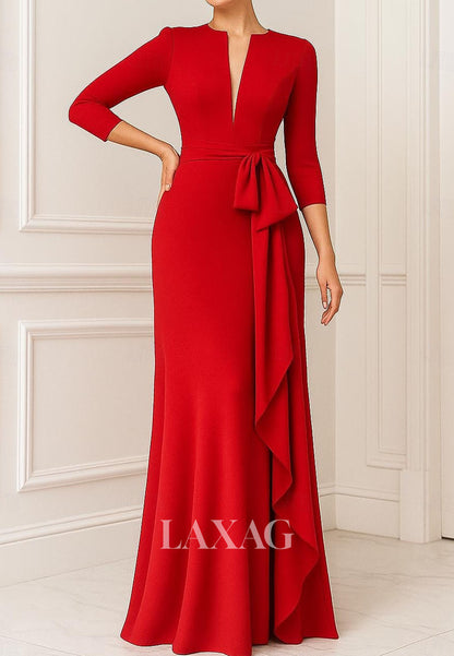Deep V-Neck 3/4-Sleeves Mermaid Evening Dress Floor-Length Ruffled Satin Formal Gowns