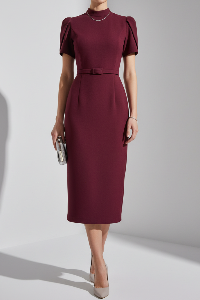 High-Neck Short-Sleeves Satin Pleated Tea-Length Mermaid Wedding Guest Dress