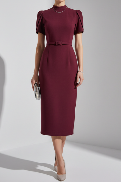 High-Neck Short-Sleeves Satin Pleated Tea-Length Mermaid Wedding Guest Dress