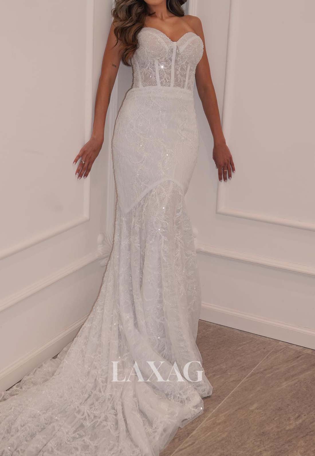 Sweetheart Allover Lace Applique Bride Gowns Sleeveless Sweep Train Mermaid Wedding Dress