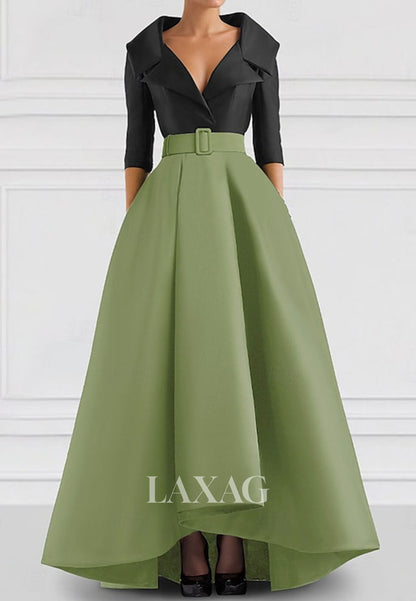 V-Neck Collared 3/4-Sleeves A-Line Evening Dress Two Tone Satin Floor-Length Formal Gowns