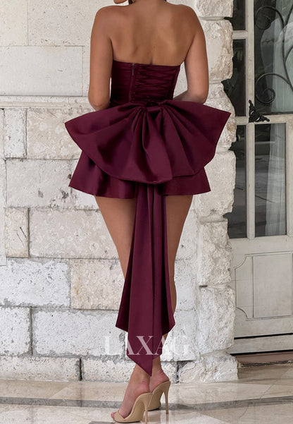 Scoop-Neck Off-Shoulder Sleeveless Pleated Satin Short A-Line Party Homecoming Dress with Big Bow