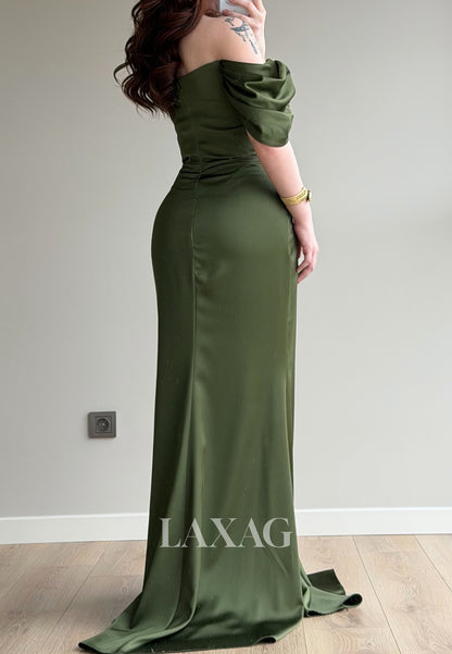 Bateau-Neck Sleeveless Rhinestone Satin Pleated Mermaid Prom Dress with Sweep Train