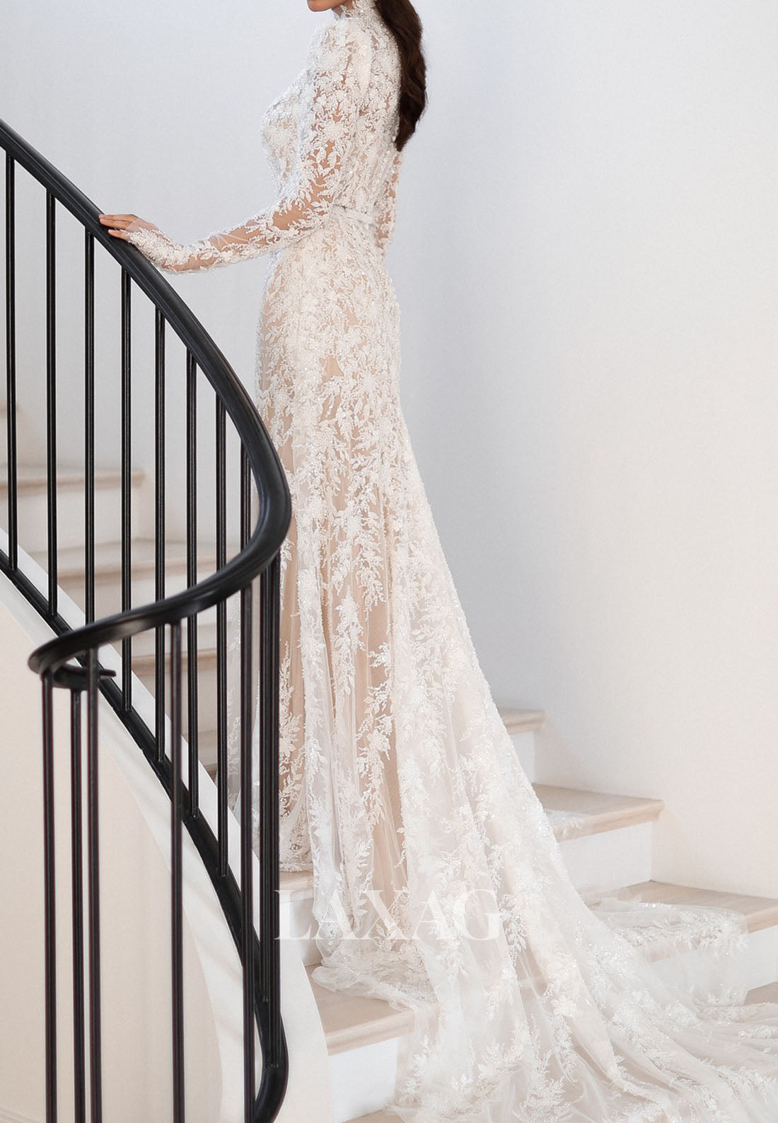 Allover Lace Applique High-Neck Long-Sleeves Pleated Sheer Mermaid Wedding Dress with Train