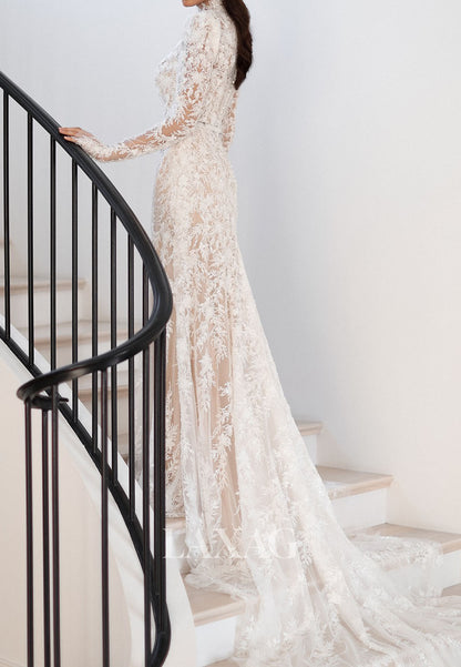 Allover Lace Applique High-Neck Long-Sleeves Pleated Sheer Mermaid Wedding Dress with Train