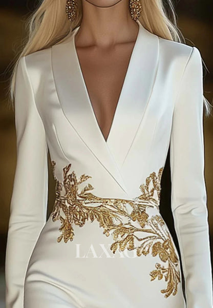 Deep V-Neck Long-Sleeves Mermaid Mother of Bride Dress Sleeveless Applique Tea-Length Formal Gowns