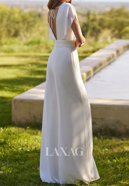V-Neck Sleeveless Applique Pleated Chiffon A-Line Jumpsuit Wedding Dress
