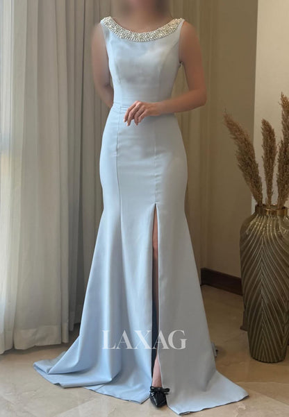 Beaded Scoop-Neck Sleeveless Formal Gowns Floor-Length Satin Slit Mermaid Evening Dress