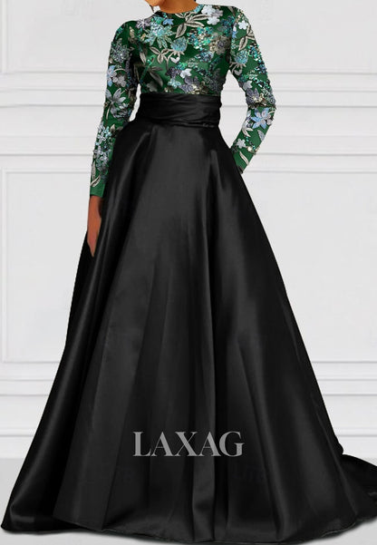 Scoop-Neck Pleated Satin Formal Gowns Long-Sleeves Sequined Applique A-Line Evening Dress