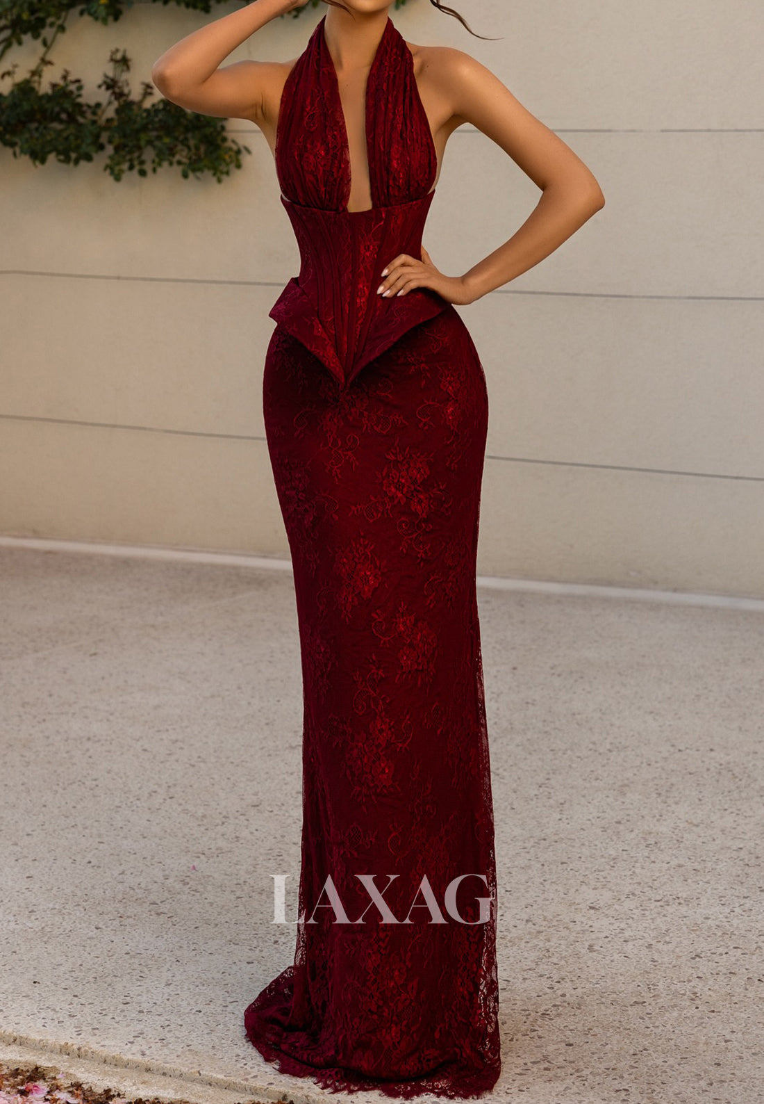 Off-Shoulder Halter-Neck Mermaid Evening Dress Sleeveless Allover Lace Laxag Off-Shoulder Halter-Neck Mermaid Evening Dress Sleeveless Allover Lace Laxag