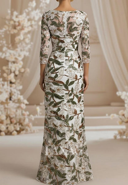 V-Neck 3/4-Sleeves Fully Sequined Tulle&Satin Floor-Length Mermaid Mother of the Bride Dress