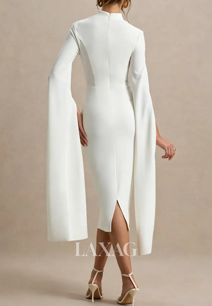 Tube Top Cape-Sleeves Tea-Length Satin Simple Mermaid Wedding Dress with Slit