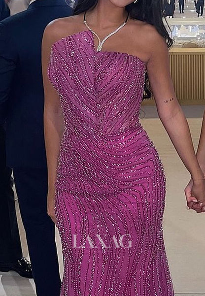 Off-Shoulder Asymmetrical-Neck Formal Gowns Fully Sequined Beaded Mermaid Evening Dress