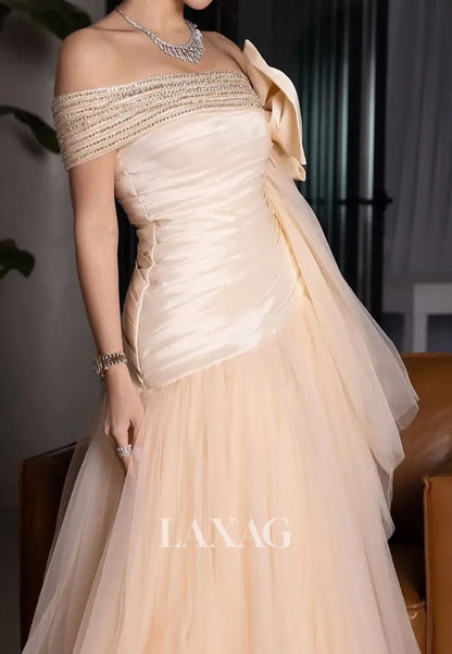 Bateau-Neck Floor-Length A-Line Prom Dress Off-Shoulder Beaded Pleated Satin Tulle Party Gowns