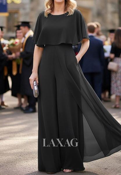 Scoop-Neck Sleeveless Chiffon Pleated Jumpsuit Mother of the Bride Dress with Overlay