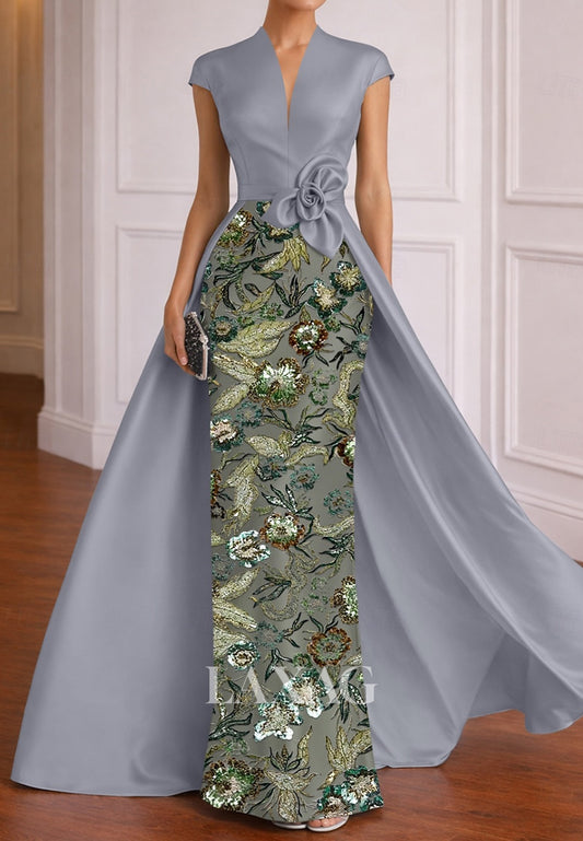 Floor-Length V-Neck Cap-Sleeves Sequined 3D-Floral Satin Mermaid Mother of the Bride Dress