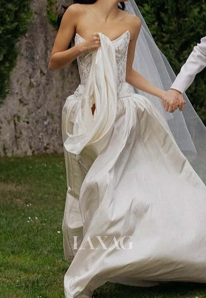 Scoop-Neck Off-Shoulder High Slit A-Line Wedding Dress Beaded Applique Pleated Satin Bride Gowns