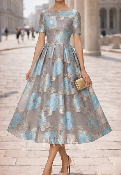 Scoop-Neck Short-Sleeves Jacquard Tulle&Satin Pleated Sheer Tea-Length A-Line Evening Dress