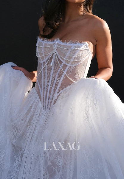 A-Line Sweetheart Sleeveless Sequined Beaded Pleated Tulle&Lace Wedding Dress with Train