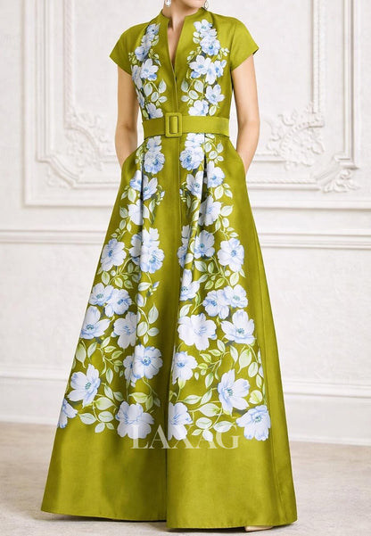 Scoop-Neck Cap-Sleeves Print-Satin Floor-Length A-line Formal Morth of the Bride Dress