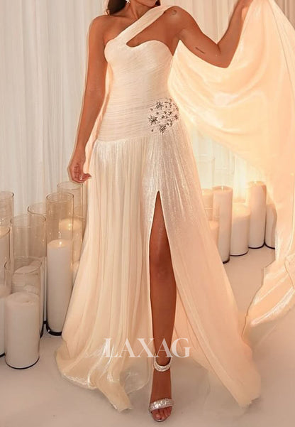 One-Strap Sweetheart Beaded Formal Gowns Sleeveless Pleated Tulle A-Line Evening Dress