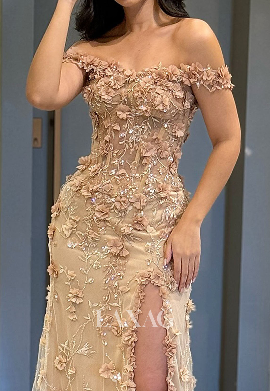 Bateau-Neck Floral Embellished Mermaid Prom Dress Sleeveless Sequined Tulle Party Gowns