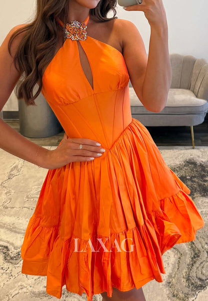 Halter-Neck Off-Shoulder Sleeveless Beaded Pleated Satin A-Line Party Homecoming Dress