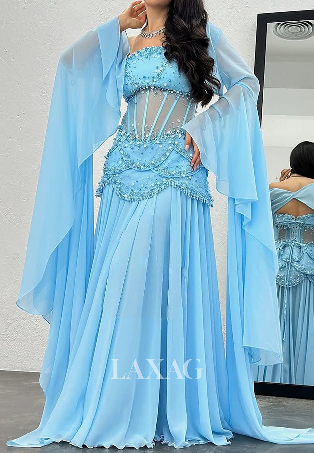 Off-Shoulder Tube Top A-Line Evening Dress Sequined Beaded Pearls Pleated Chiffon Formal Gowns