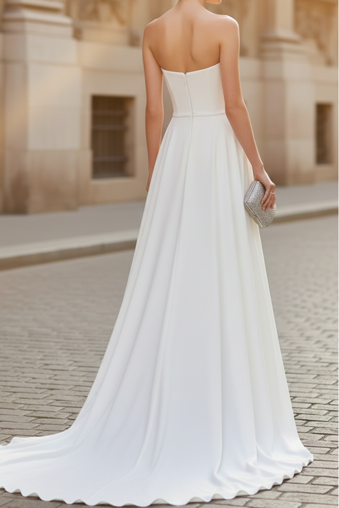 Tube Top Off-Shoulder Sleeveless Satin Pleated Jumpsuit Wedding Dress with Train