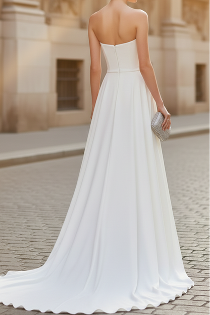 Tube Top Off-Shoulder Sleeveless Satin Pleated Jumpsuit Wedding Dress with Train