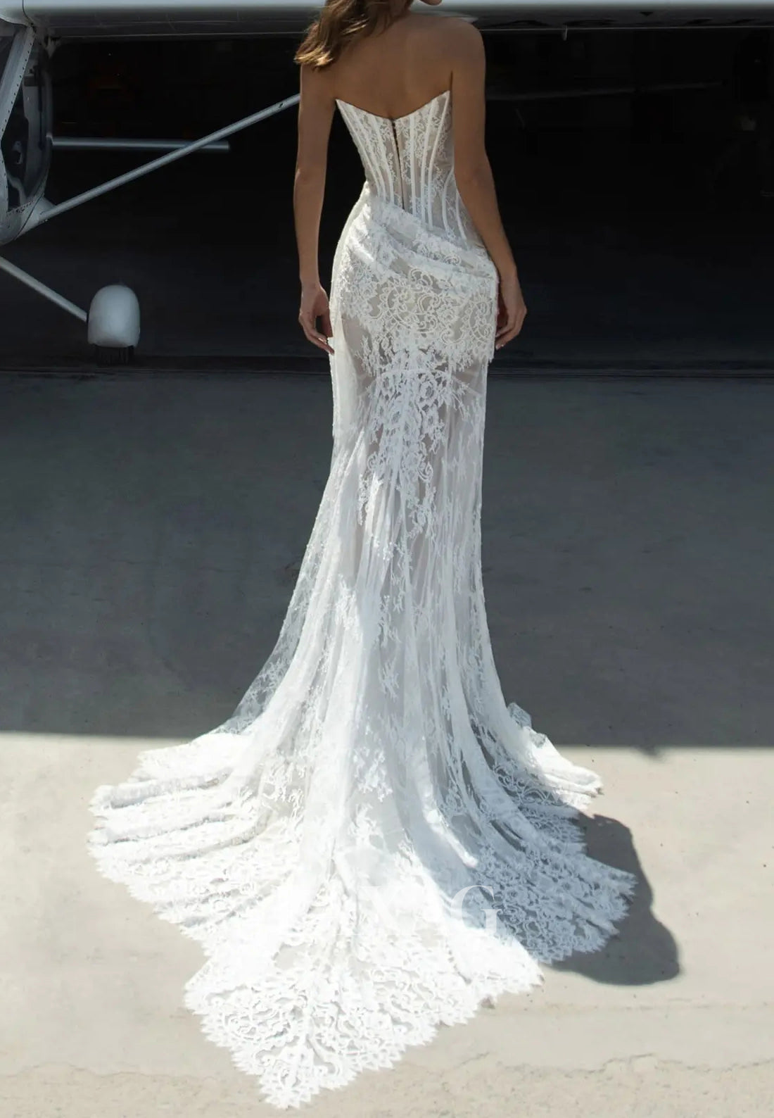 Tube Top Sleeveless Allover Lace Pleated Sheer Two Piece Mermaid Wedding Dress with Train