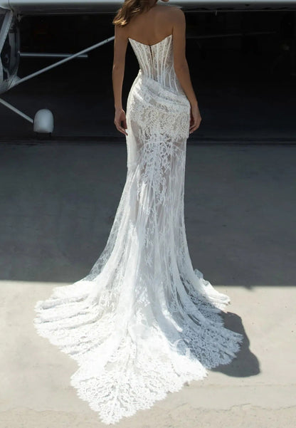 Tube Top Sleeveless Allover Lace Pleated Sheer Two Piece Mermaid Wedding Dress with Train