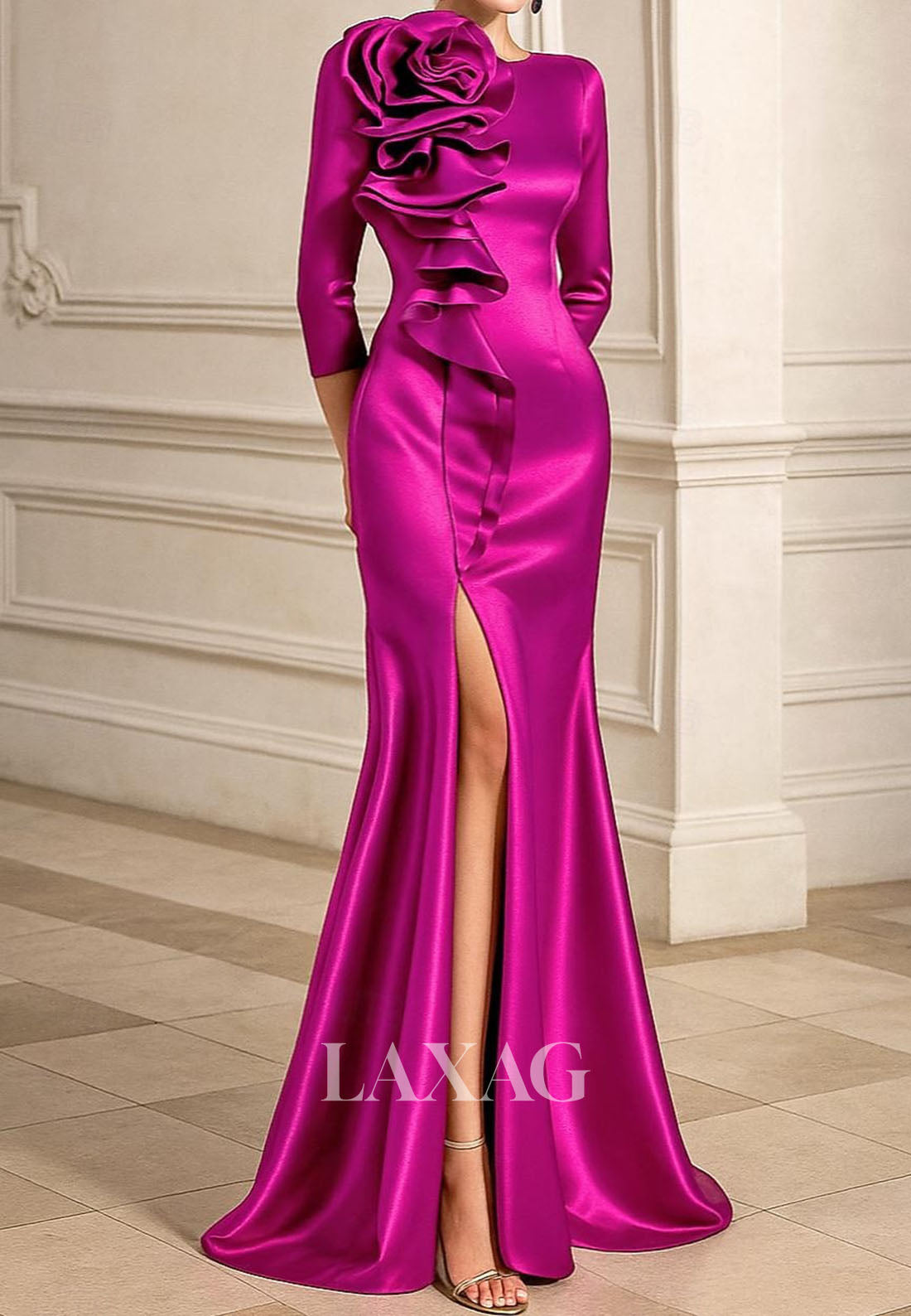 Scoop-Neck 3/4-Sleeves Floor-Length Floral Embellished Satin Mermaid Evening Dress with Slit