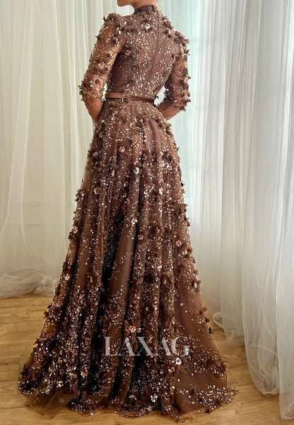 A-Line Plunging V-Neck Long-Sleeves Prom Dress Sequined Floral Embellished Tulle Party Gowns