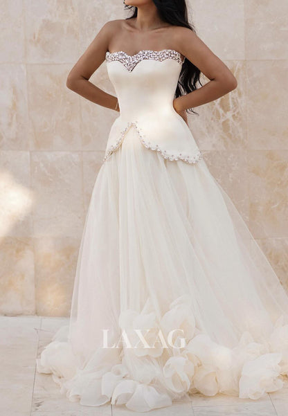 Sweetheart Off-Shoulder Sleeveless Rhinestone Beaded Pleated Satin&Tulle A-Line Wedding Dress