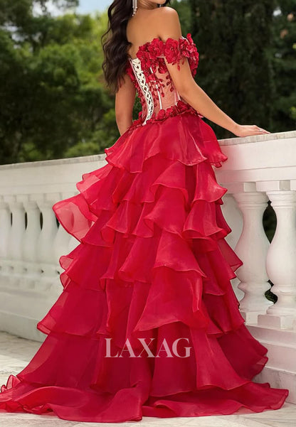 Sweetheart Floral Embellished Party Gowns Beaded Pleated Chiffon Tiered A-Line Prom Dress