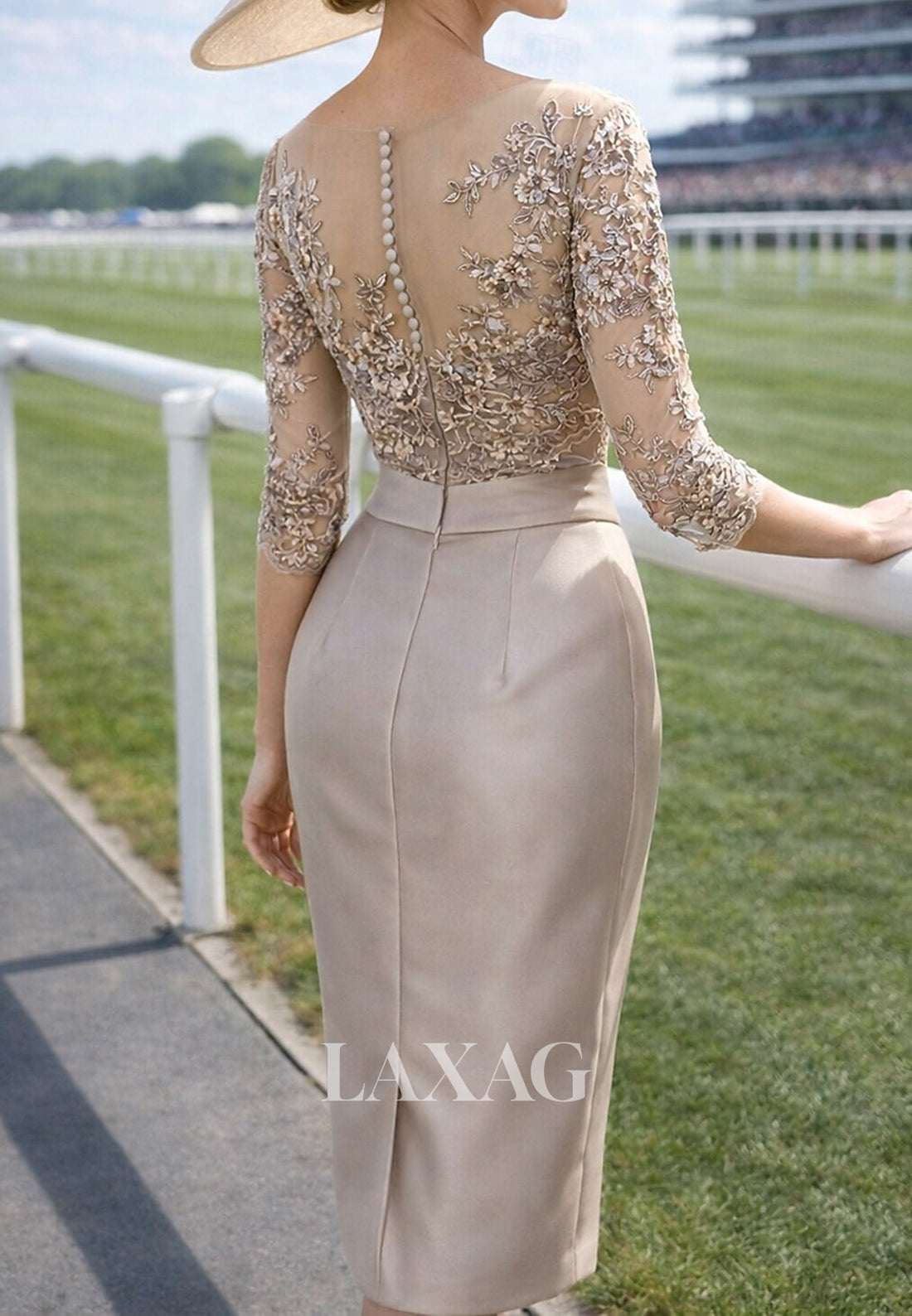 Scoop-Neck Half-Sleeves 3D-Floral Applique Tea-Length Mermaid Mother of the Bride Dress