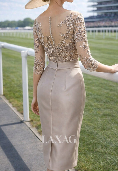 Scoop-Neck Half-Sleeves 3D-Floral Applique Tea-Length Mermaid Mother of the Bride Dress