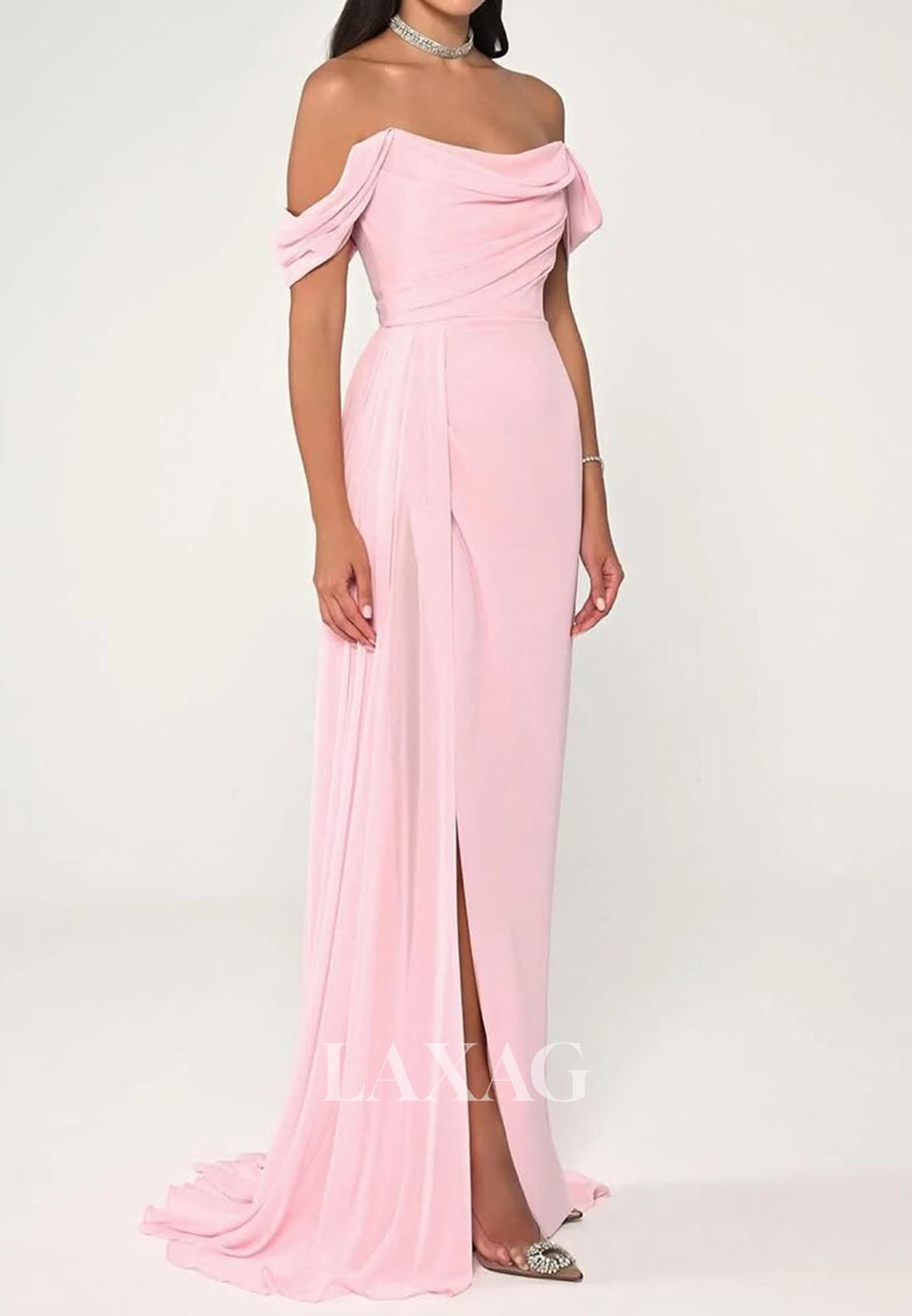 Scoop-Neck Sleeveless Simple Formal Gowns Pleated Satin Mermaid Evening Dress with Slit
