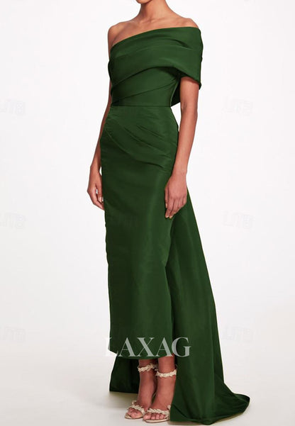 Asymmetrical-Neck Off-Shoulder Sleeveless Pleated Satin Ankle-Length Mermaid Formal Evening Dress