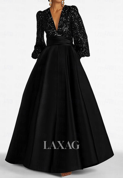 V-Neck Long-Sleeves Sequined Satin Pleated Floor-Length Simple Long A-Line Evening Dress